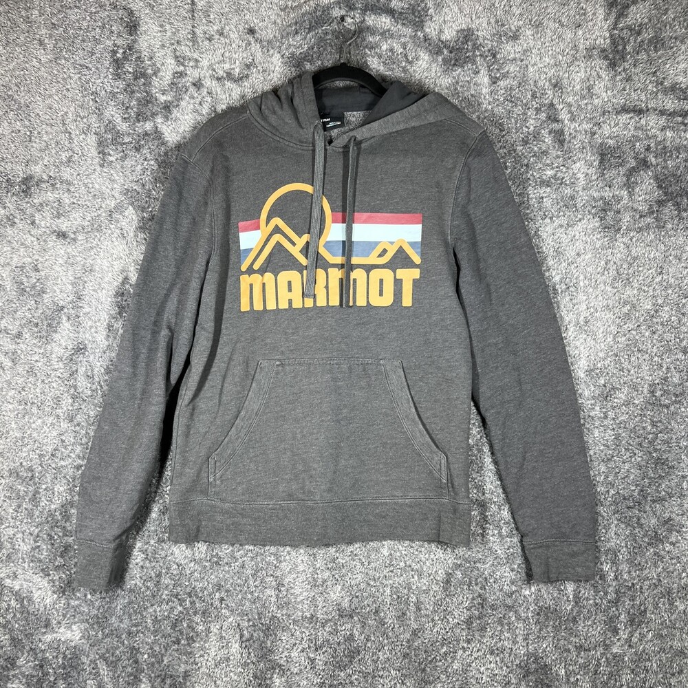Marmot Hoodie Mens Small Gray Pullover Hooded Sweatshirt Fleece Logo Drawstring